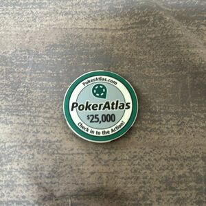 Poker Atlas promotional $25,000 poker chip. Collectible. No cash value. Fun.